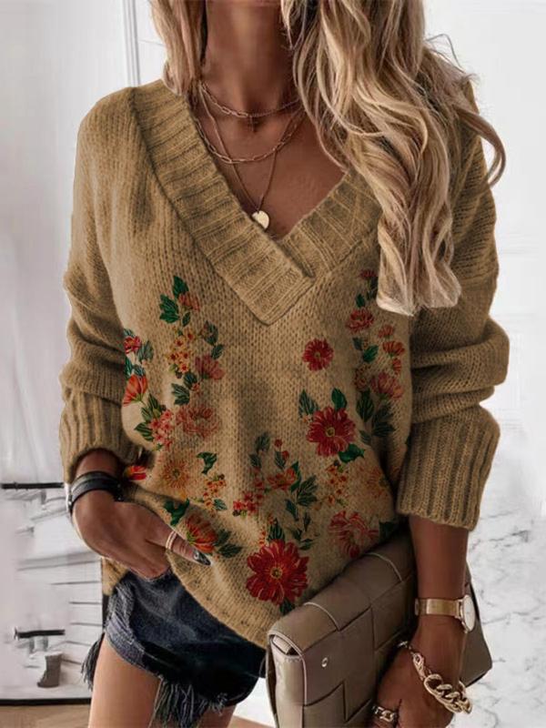 Women's Floral Print Drop Shoulder V Neck Sweater, Casual Long Sleeve Jumper for Fall & Winter, Fashion Ladies' Knitwear for Daily Wear