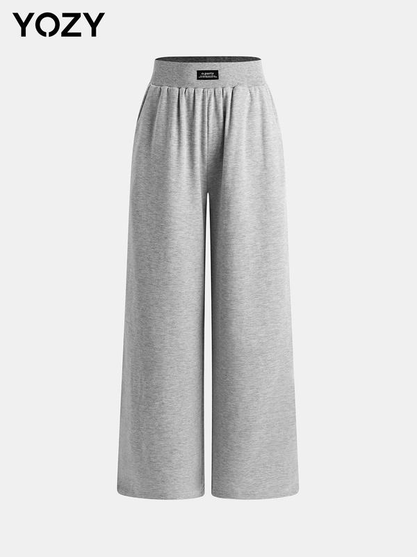 YOZY [4 colors] Pleated Letter Patched Wide Leg Pants  Casual Comfy Elastic High Waist Trousers, 2024 Women's Bottoms for All Seasons