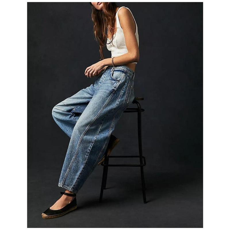 Mid Rise Barrel Jeans for Women Wide Leg Mid Waist Cropped Denim Pants Y2k Baggy Boyfriend Jeans with Pockets casual jean