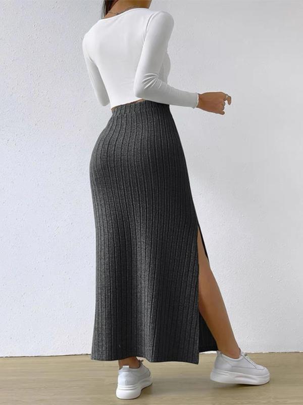 Women's Chic Minimalist Plain Split Thigh High Waist Bodycon Knitting Skirt, Lady Casual Comfy Long Skirt for Spring & Fall, Summer Skirts, Ladies Bottoms, Downtown Girl Clothes