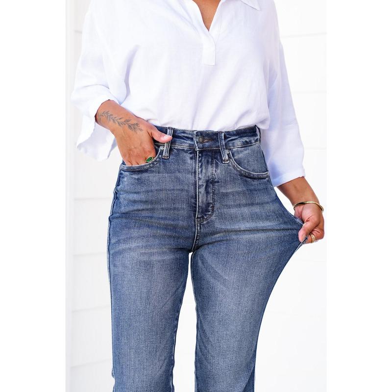 Judy Blue High Rise Dark Wash With Contrast Tummy Control Flare Jeans