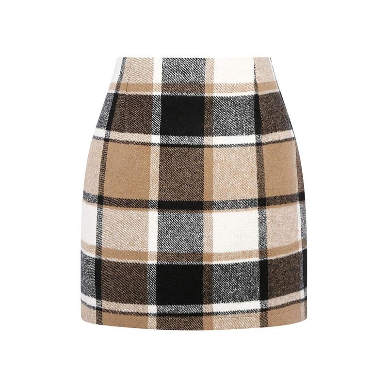 Women's Bodycon Mini Skirt, Classic Plaid Print High Waist Zip Up Wool Pencil Skirt