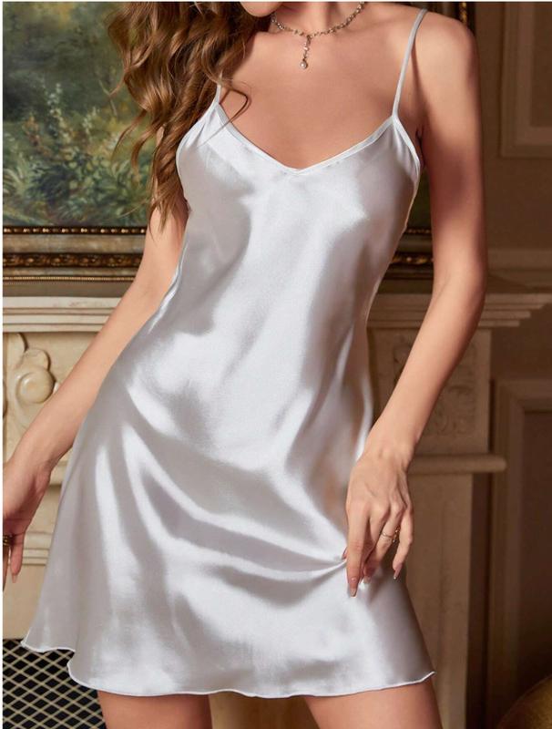 Contrast Lace Tie Back Satin Cami Pajama Nightdress Comfort Loungewear Womenswear