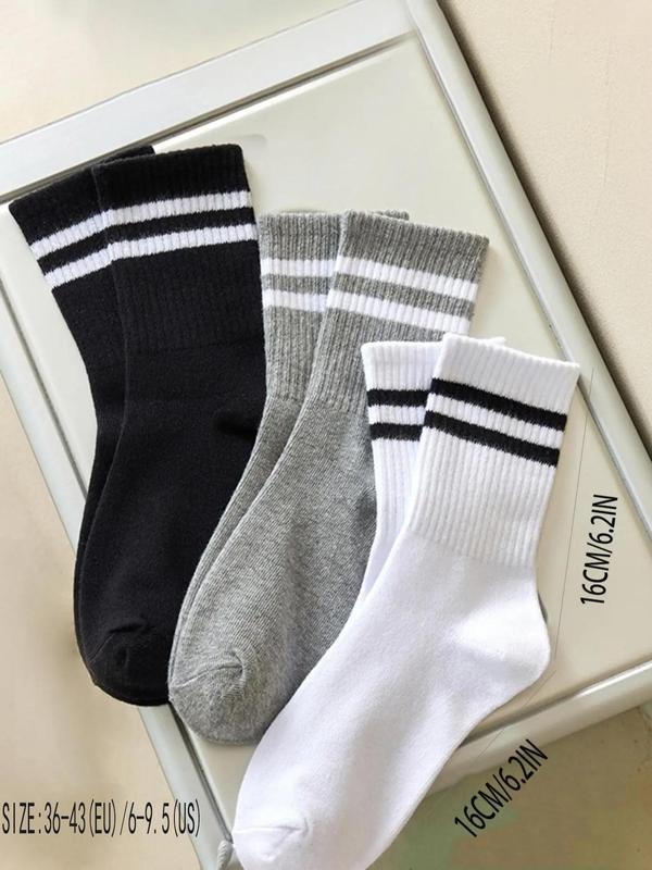 Women's 3 Pairs Striped Print Crew Socks, Casual Soft Comfort Fashion Knitting Socks for All Seasons, Lady Socks for Daily Wear, Womenswear