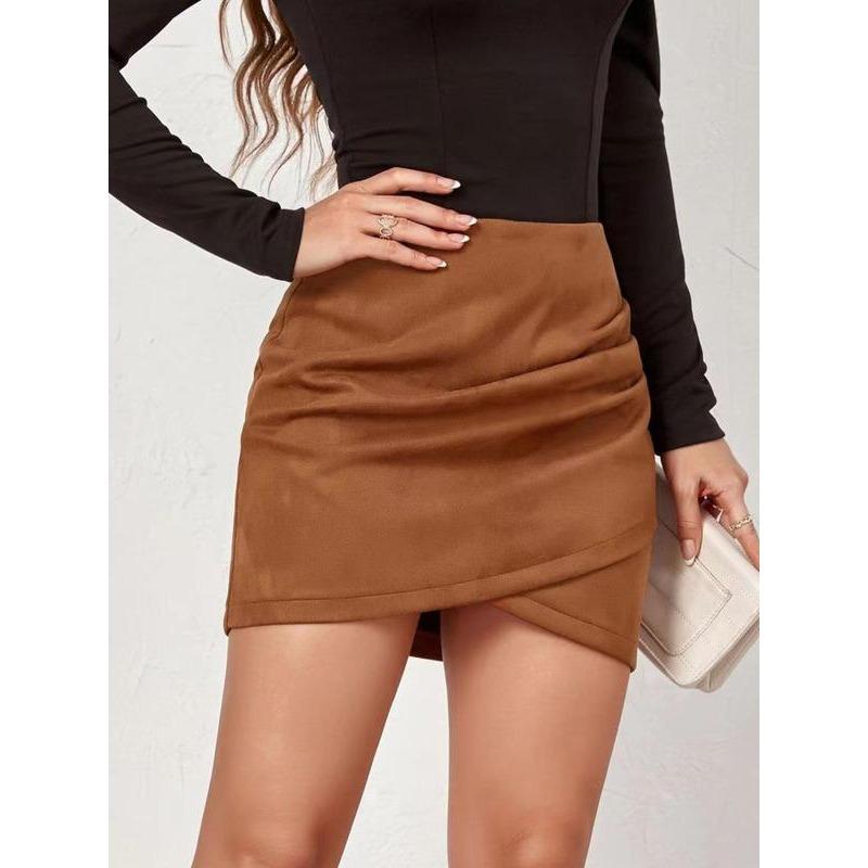 Women's Solid Ruched Wrap Bodycon Skirt, Fashion Girls Skirt, Casual High Waist Skirt for Daily Outdoor Wear, Women's Bottoms for Spring & Fall