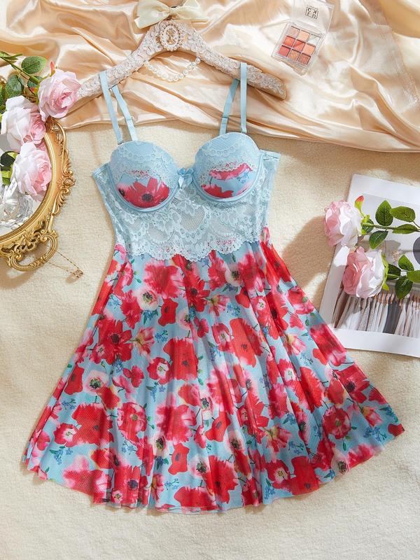 Women's Floral Print Bow Front Contrast Lace Cami Nightdress, Chic Sheer Spaghetti Strap Nightgown, Ladies Sleepwear for All Seasons