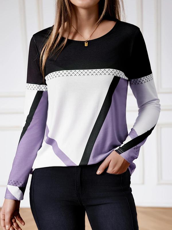 Women's Colorblock Geometric Print Long Sleeve Tee, Casual Round Neck Top for Spring & Fall, Women's Clothing for Daily Wear, T Shirts for Women