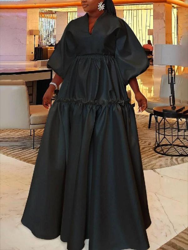 Women's Plain Frill Trim V Neck A Line Dress, Elegant Bishop Sleeve Zipper Back Maxi Dress for Party Holiday Wedding Guest, Ladies Clothes for All Seasons