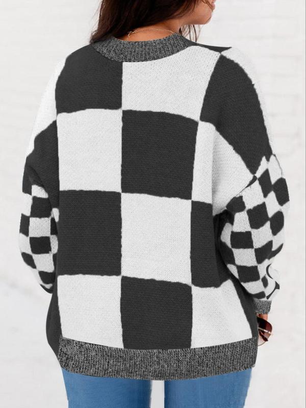 Plus Size Vintage Plaid Print Drop Shoulder Sweater, Casual Long Sleeve Round Neck Jumper for Fall, Women's Plus Size Knitwear for Daily Wear, Sweaters for Women, Plus Size Outfit, Fall Clothing Women, Fall Outfits, Fall Essentials