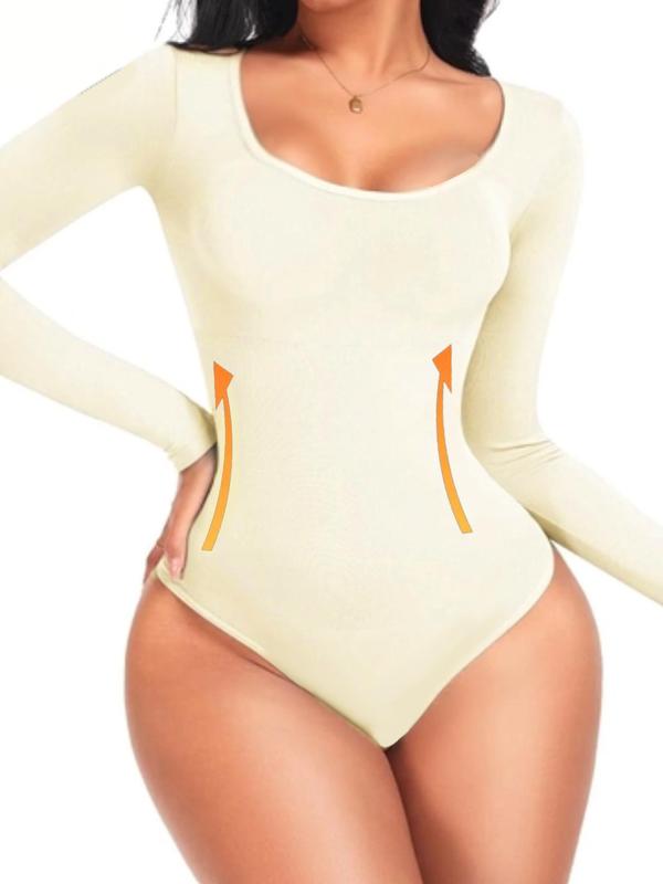 Women's Solid Long Sleeve Hook & Eye Closure Crotch  Shapewear Bodysuit, Tummy Control Butt Lifting Shaper, High Stretch Seamless Shaper for Daily Wear