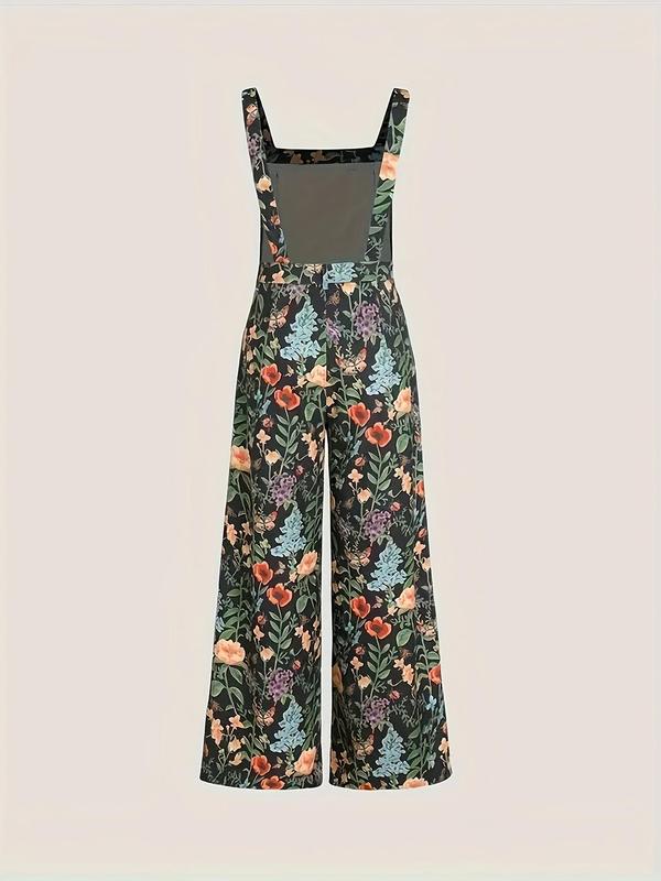 Women's Floral Print Button Overalls Vintage Jumpsuit, Casual Square Neck Wide Leg Overalls Jumpsuit for Fall, Back To School Outfits, Women's Clothes for Daily Wear, Black Girl Outfits  Preppy 80s Clothes