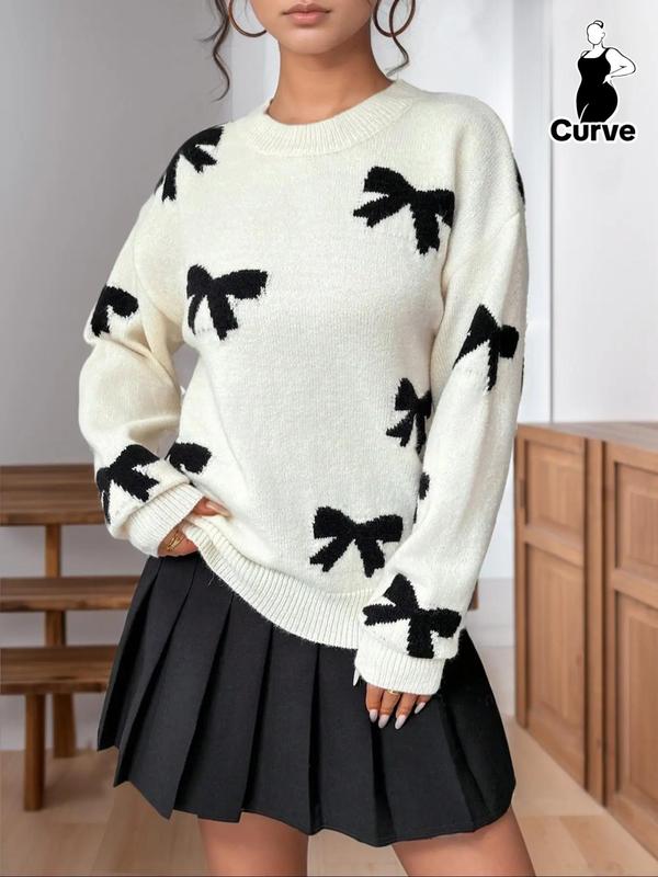 Plus Size Cartoon Bow Print Drop Shoulder Sweater Pullover, Casual Long Sleeve Round Neck Jumper for Fall & Winter,  Sweater for Women 2024, Women's Plus Clothing for Daily Wear