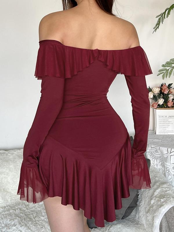 Women's Off Shoulder Ruffle Asymmetrical Hem Tie Front Dress, Sexy Solid Color Flounce Sleeve A Line Dress for Spring & Fall, Fashion Women's Clothes for Daily Wear