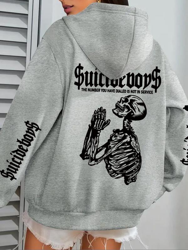  Skull & Letter Print Drop Shoulder Hoodie, Fashion Casual Drawstring Pocket Hooded Sweatshirt for Daily Holiday Outdoor Wear, Essential Hoodies, Women Clothing for Fall & Winter