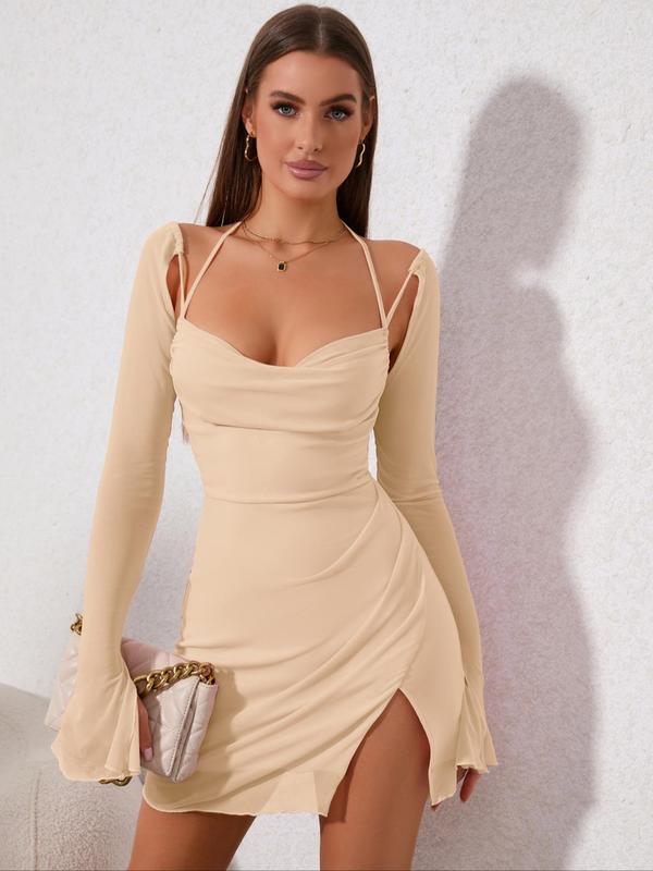 Women's Long Sleeve Cowl Neck Tie Back Halter Split Bodycon Mini Dress, Back To School Outfits for Christmas, Contrast Mesh Flounce Sleeve Tight Short Dresses for Summer, Summer Outfits 2024 Casual Wear