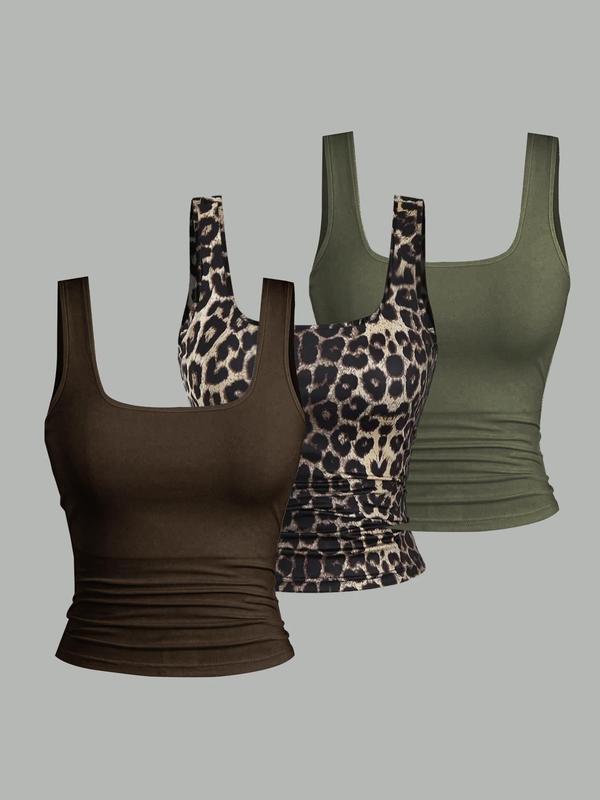  Plain & Leopard Print Scoop Neck Tank Top, Casual Sleeveless Top for Summer, Women's Clothing for Daily Wear