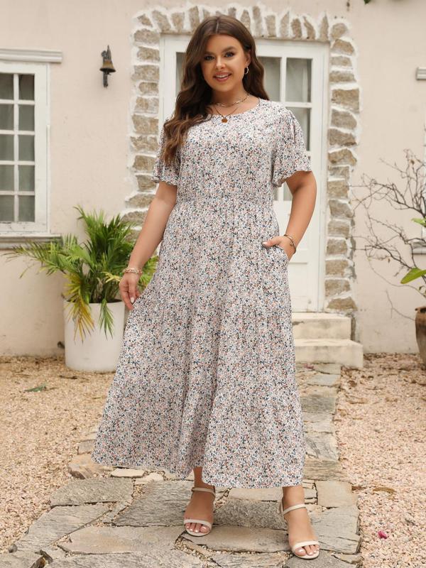  Women's Ditsy Floral Print Pocket Ruffle Hem Round Neck A Line Vintage Dress, Sundress Maxi Dress, Boho Clothes, Summer Clothes Women, Mean Girls Outfit, Dresses for Women, Boho Casual Comfort Butterfly Sleeve Long Summer Dresses 2024