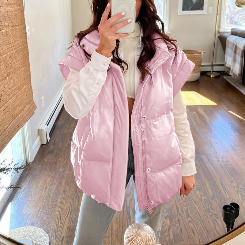 Hixiaohe Womens Casual Oversized Puffer Vest Stand Collar Full Zip Sleeveless Bubble Puffer Vest Quilted Padded Warm Coat Outwear