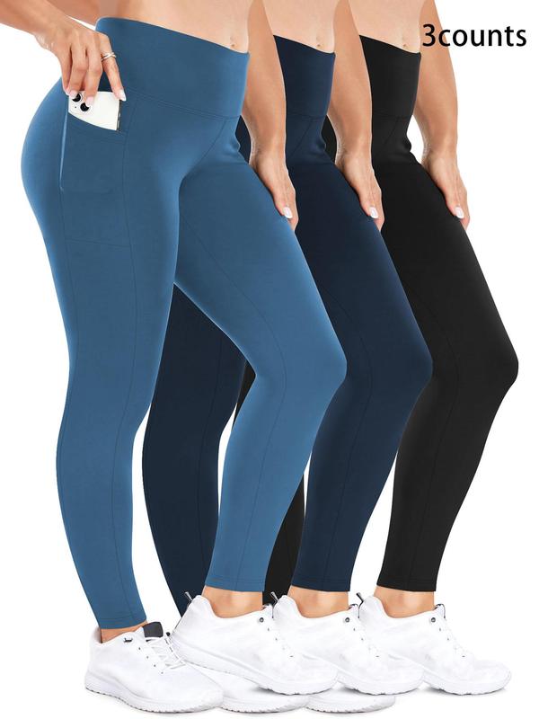  Solid High Waist Pocket Leggings, Casual Comfy Breathable Skinny Pants for Women, Women's Bottoms for Fall & Winter