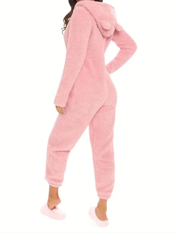 Women's Solid Zipper Hooded Plush Pajama Jumpsuit, Casual Long Sleeve Teddy Bear Ear Design Jumpsuit for Fall & Winter, Women's Sleepwear for Indoor Wear, Fluffy Pajamas Onesies Pajama