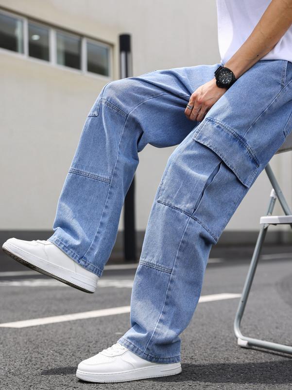 Casual Cargo Pants High Waist Straight Leg Denim Jeans with Pockets