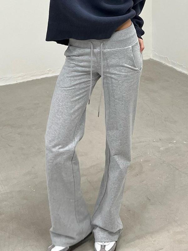 Women's Plain Drawstring Waist Flare Leg Pants, Casual Comfy Pocket Bell Bottom Trousers for Daily Wear, Ladies Going Out Bottoms for Summer Downtown Girl Clothes