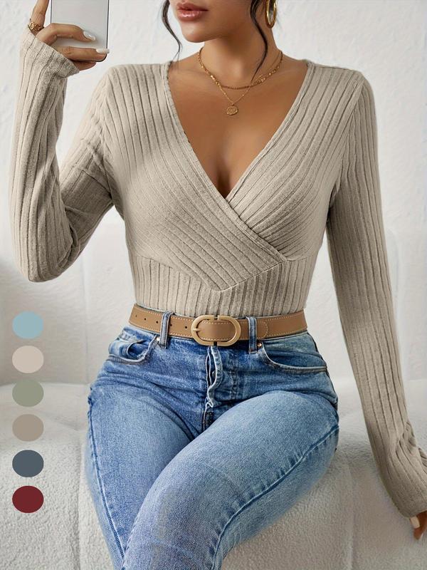 Women's Plain Wrap V Neck Ribbed Tee, Elegant Long Sleeve T-shirt for Fall & Winter, Women's Clothing for Daily Wear