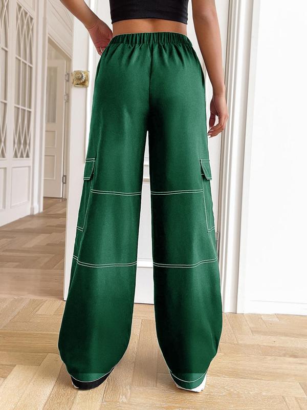 Women's Plain Stitching Pocket Buckle High Waist Wide Leg Pants, Cargo Pants for Women, Casual Fashion Comfy Trousers for Daily Wear, Ladies Bottoms for All Seasons, Trousers for Women