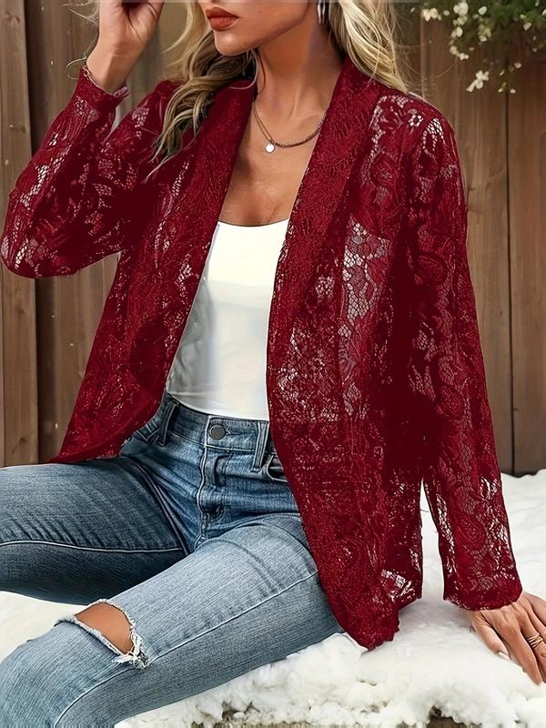 Womenswear  Floral & Paisley Pattern Hollow Out Shawl Collar Coat, Minimalist 3 4 Sleeve Open Front Outerwear for Spring & Fall, Women's Clothes for Daily Wear