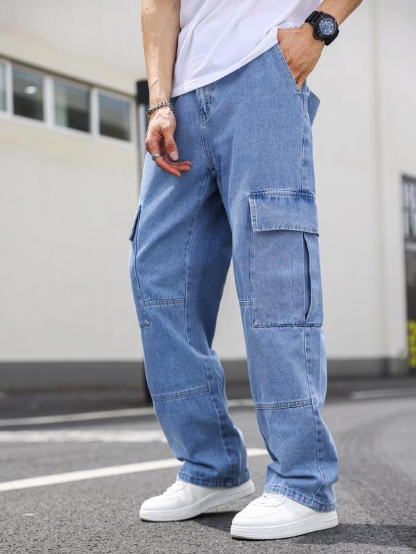 Casual Cargo Pants High Waist Straight Leg Denim Jeans with Pockets