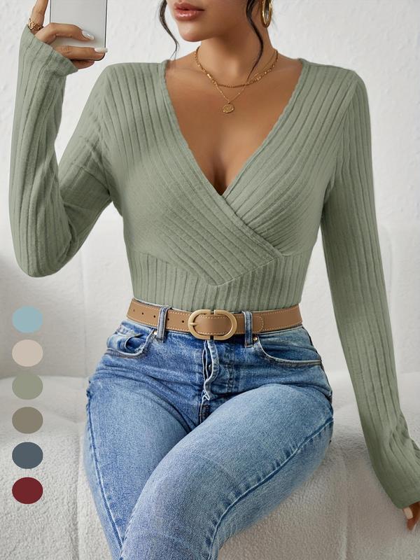 Women's Plain Wrap V Neck Ribbed Tee, Elegant Long Sleeve T-shirt for Fall & Winter, Women's Clothing for Daily Wear