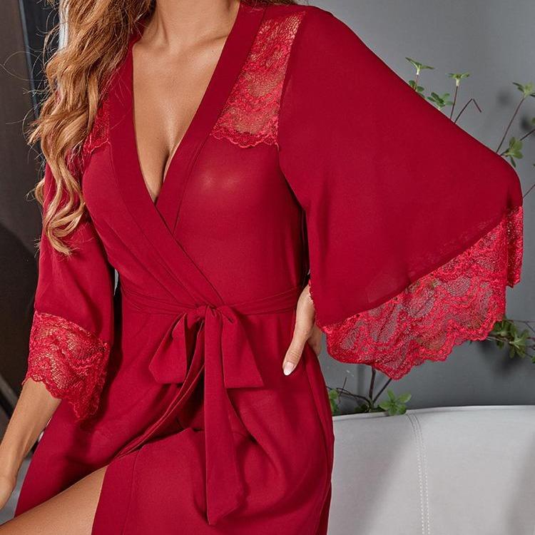 Three Colors Optional, W Robe + Belt, Chiffon Lace Patchwork Perspective Robe, New Europe And The United States Hot Pajamas Ladies Cardigan Robe, Black, White, Red Womenswear Gowns Loungewear Nightwear Women Comfort Basic Minimalist