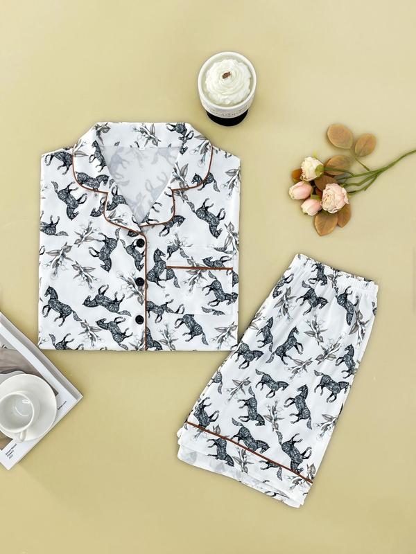 Women's All Over Horse & Floral Print Pyjama Set, Casual Lapel Button Front Short Sleeve Shirt & Elastic Waist Shorts, Summer Sleepwear Set for Women