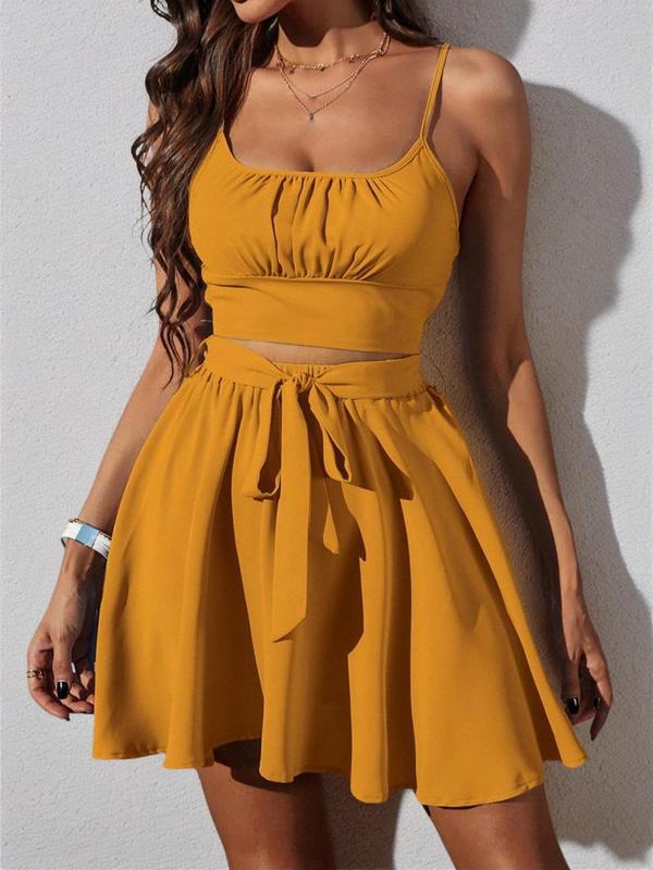 Two-piece Set Women's Ruched Shirred Crop Cami Top & Belted A Line Skirt, Solid Spaghetti Strap Top & High Waist Flared Skirt Set for Summer, Back To School Clothes, Fashion Women's Two-piece Outfits for Beach Vacation Holiday Party, Downtown Girl Clothes