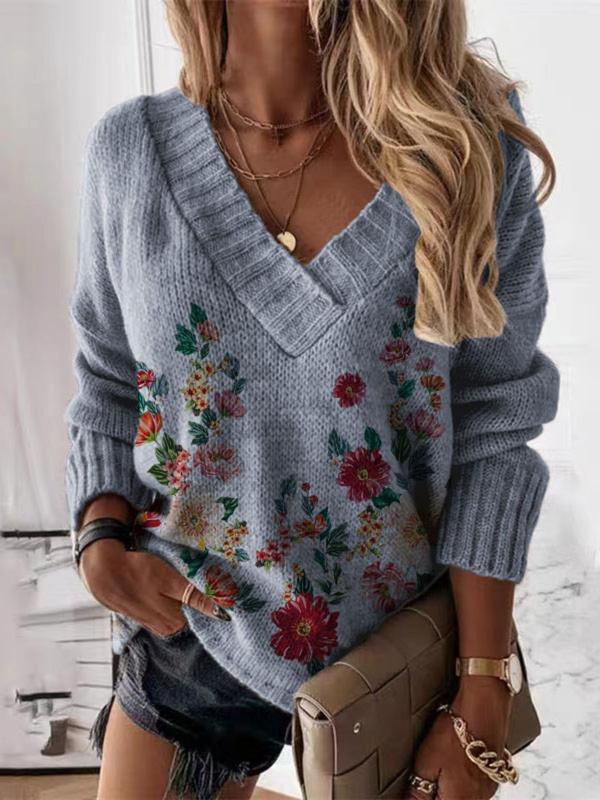 Women's Floral Print Drop Shoulder V Neck Sweater, Casual Long Sleeve Jumper for Fall & Winter, Fashion Ladies' Knitwear for Daily Wear