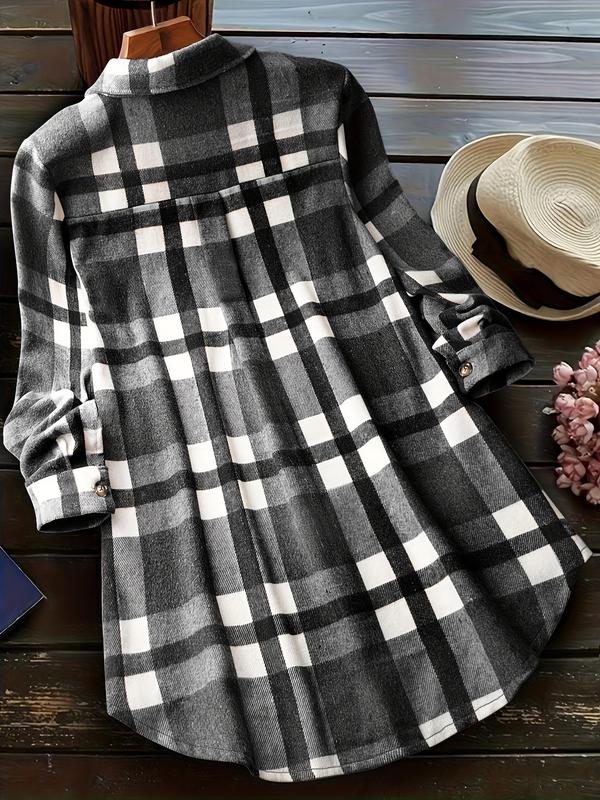 Women's Colorblock Plaid Print Button Front Curved Hem Shirt, Casual Long Sleeve Collared Pocket Top for Fall & Winter, Ladies Clothes for Daily Wear