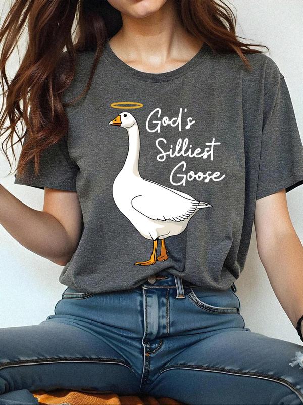 Women's Cartoon Goose & Letter Print Drop Shoulder Vintage Graphic Tees, Summer Tees, T Shirts for Women, Casual Half Sleeve Round Neck T-shirt for Summer, Ladies Clothes for Daily Wear