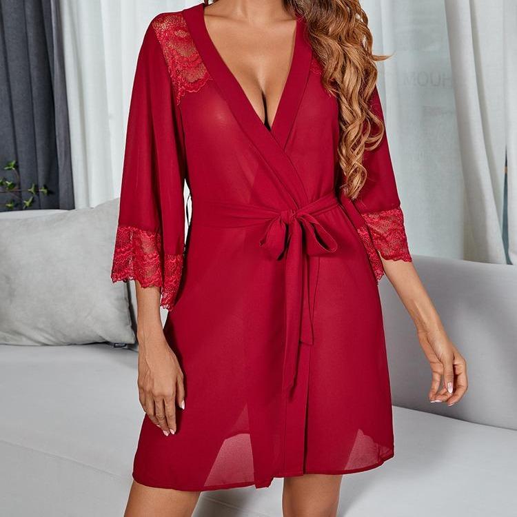 Three Colors Optional, W Robe + Belt, Chiffon Lace Patchwork Perspective Robe, New Europe And The United States Hot Pajamas Ladies Cardigan Robe, Black, White, Red Womenswear Gowns Loungewear Nightwear Women Comfort Basic Minimalist