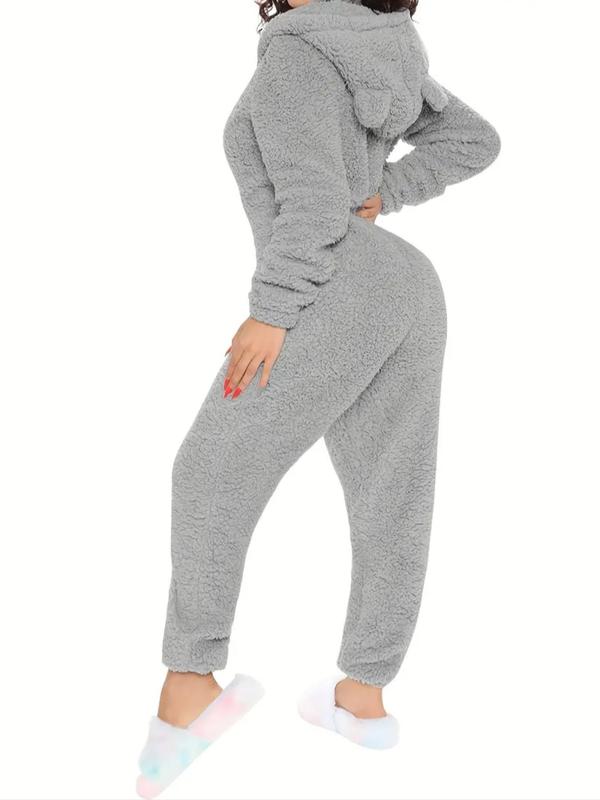 Women's Solid Zipper Hooded Plush Pajama Jumpsuit, Casual Long Sleeve Teddy Bear Ear Design Jumpsuit for Fall & Winter, Women's Sleepwear for Indoor Wear, Fluffy Pajamas Onesies Pajama