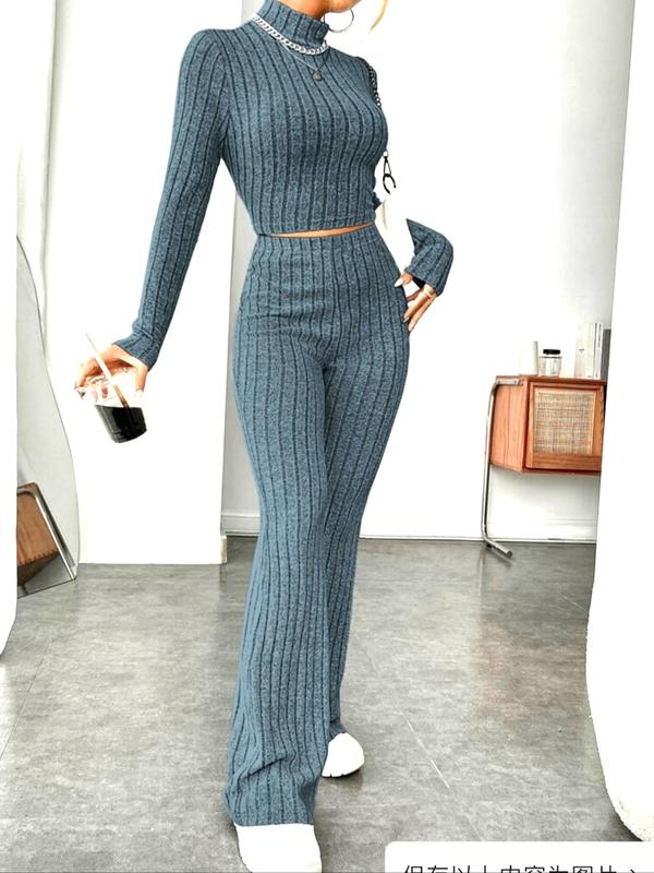 Women's Striped Ribbed Crop Top & Elastic Waist Pants Loungewear Two-piece Set, Casual Comfy Long Sleeve High Neck Top & Trousers Set, Ladies Sleepwear for Fall & Winter, Autumn Wear