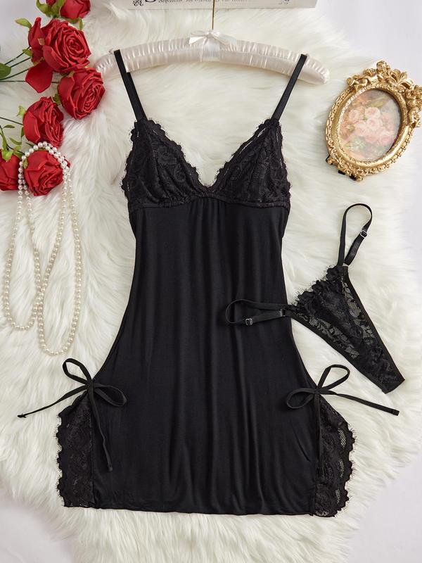 Women's Contrast Lace Cami Nightdress & Thong Set, Adjustable Spaghetti Strap Nighty Dress & Panty Set, Women's Sleepwear & Loungewear Set