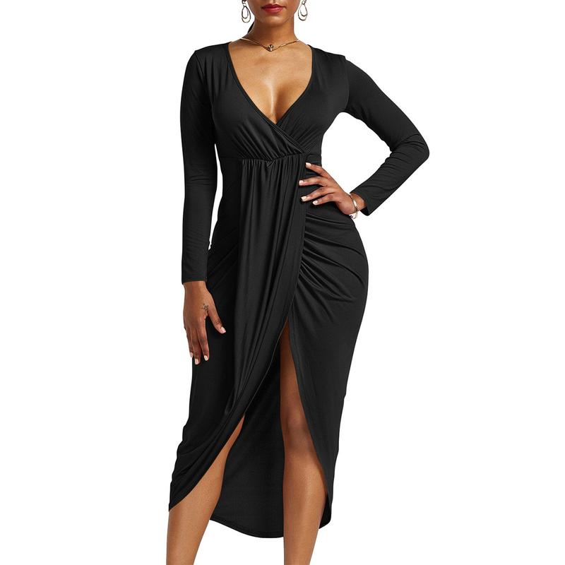 OYS Women's Sexy Long Sleeve V Neck Wrap Ruched Front Slit Midi Party Dress - Lady, Casual Wear