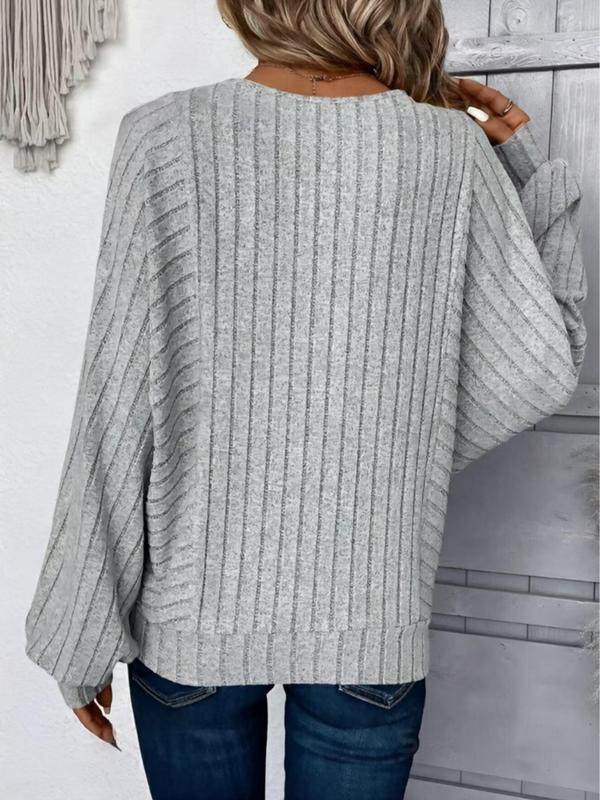 Women's Plain Ribbed Lantern Sleeve Sweater T-shirts, Casual Long Sleeve Round Neck T-shirts for Fall & Winter, Fashion Ladies' Knit Tops for Daily Wear