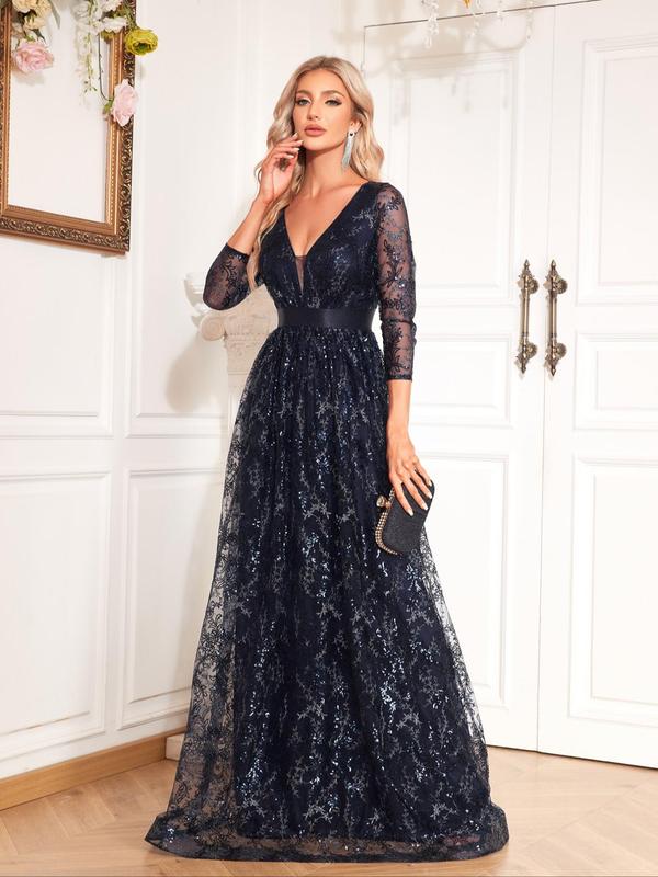 Women's Floral Sequins Contrast Mesh V Neck Evening Dress, Elegant Formal Wear, Three Quarter Length Sleeve Maxi Dress For Party Banquet, Women's Clothing For Spring & Fall