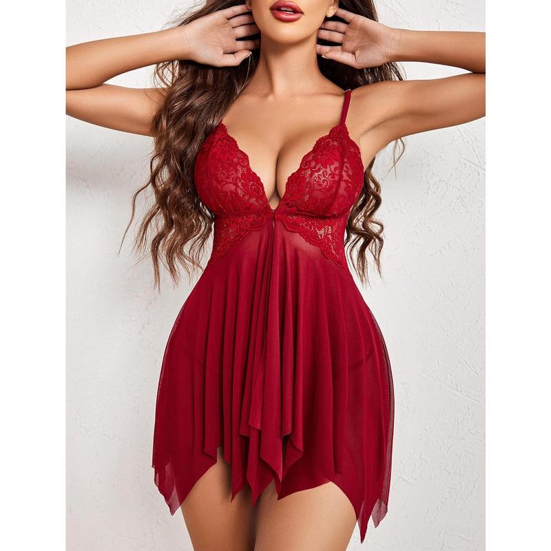 Women Lace Lingerie Front Closure doll V Neck Nightwear Sexy Chemise Nightie