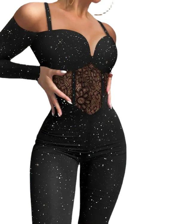 2024 Lace Hollow Fashion Jumpsuit Glitter Highlights Knitted Fabric Suspender Jumpsuit