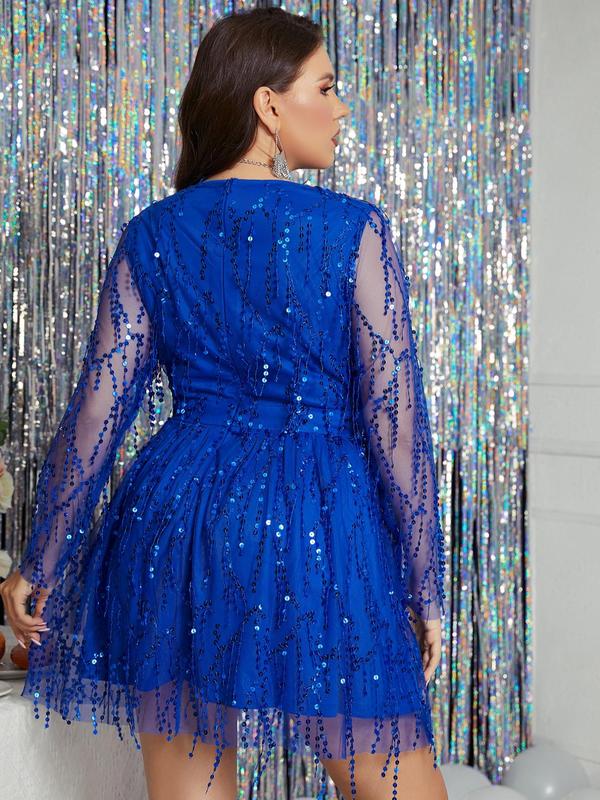 Plus Size Glitter Sequin Deep V Neck Sheer A Line Party Dress, Sexy Womenswear, Elegant Long Sleeve Short Dress for Party & Banquet, Women's Plus Size Clothes for Spring & Fall, Dresses for Women, Plus Size Dress Christmas