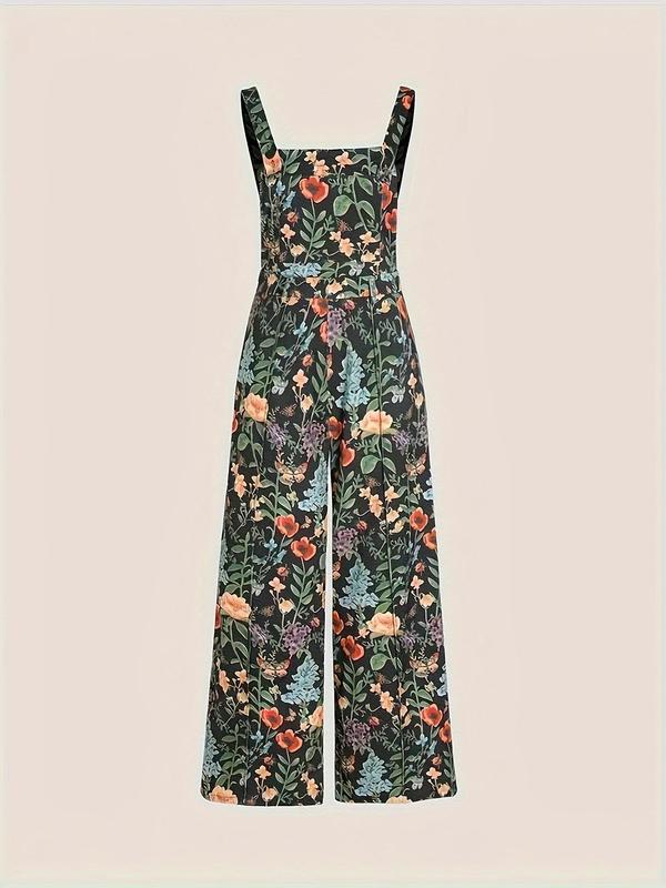 Women's Floral Print Button Overalls Vintage Jumpsuit, Casual Square Neck Wide Leg Overalls Jumpsuit for Fall, Back To School Outfits, Women's Clothes for Daily Wear, Black Girl Outfits  Preppy 80s Clothes