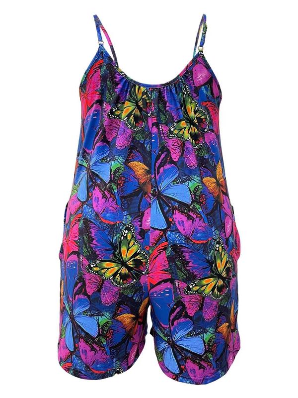 Plus Size Butterfly Print Pocket Cami Romper, Boho Adjustable Strap Romper for Vacation Holiday Beach, Women's Plus Clothing for All Seasons, Rompers for Women