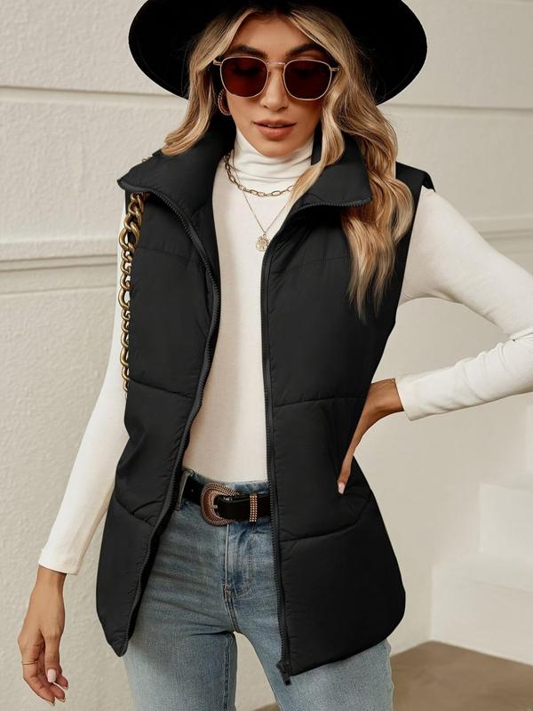 Women's Solid Color Zip Up Vest Coat, Casual Elegant Fashionable Winter Coat for Daily Outdoor Wear, Women Clothing for Winter